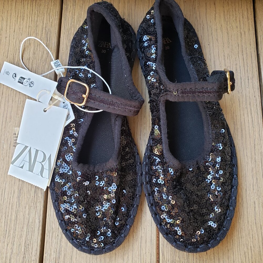 BNWT ZARA Mary Jane sequin jet black flats (30 - US 12 1/2) - Picture 1 of 9